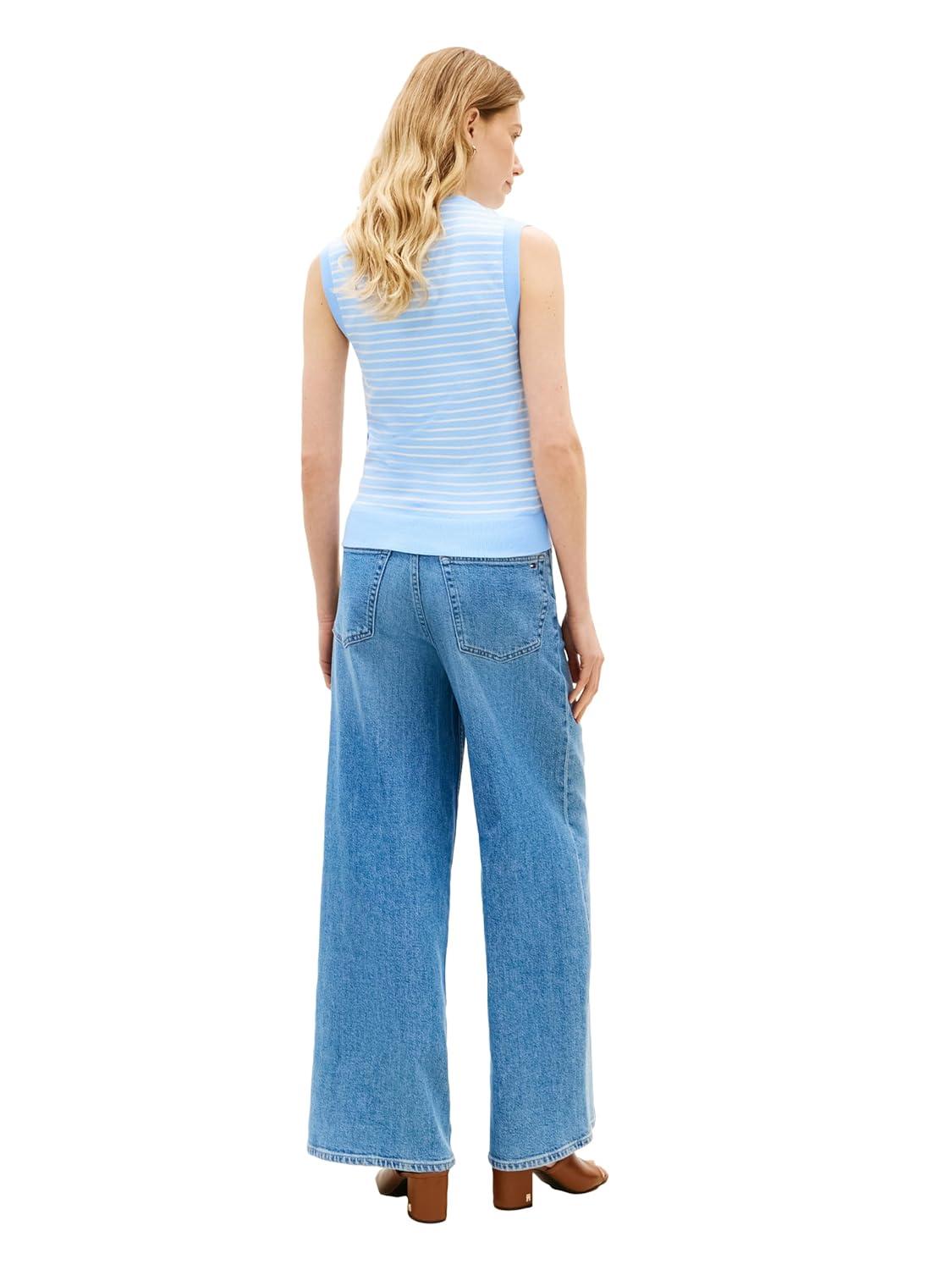 imageTommy Hilfiger Womens Sleeveless Cotton Crew Neck Sweater Knit Sweater Vest TopVessel Blue Ecru Stripe