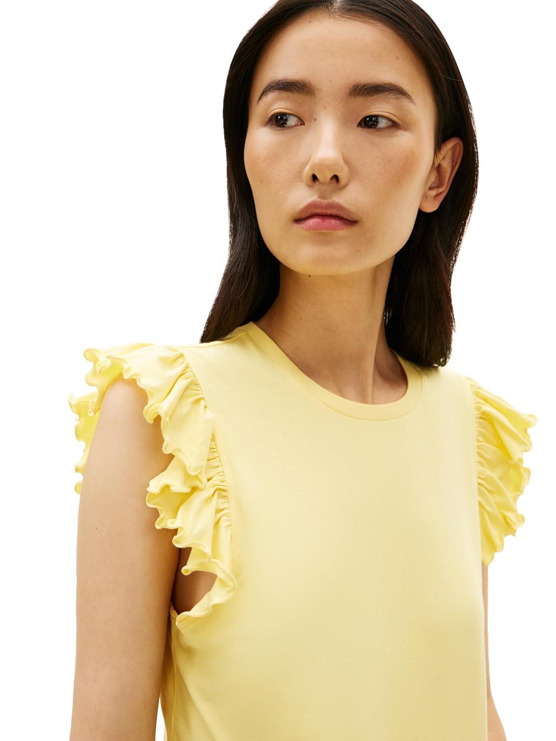 imageTommy Hilfiger Womens Sleeveless Cotton Crew Neck TShirts with Flutter SleeveCitronella