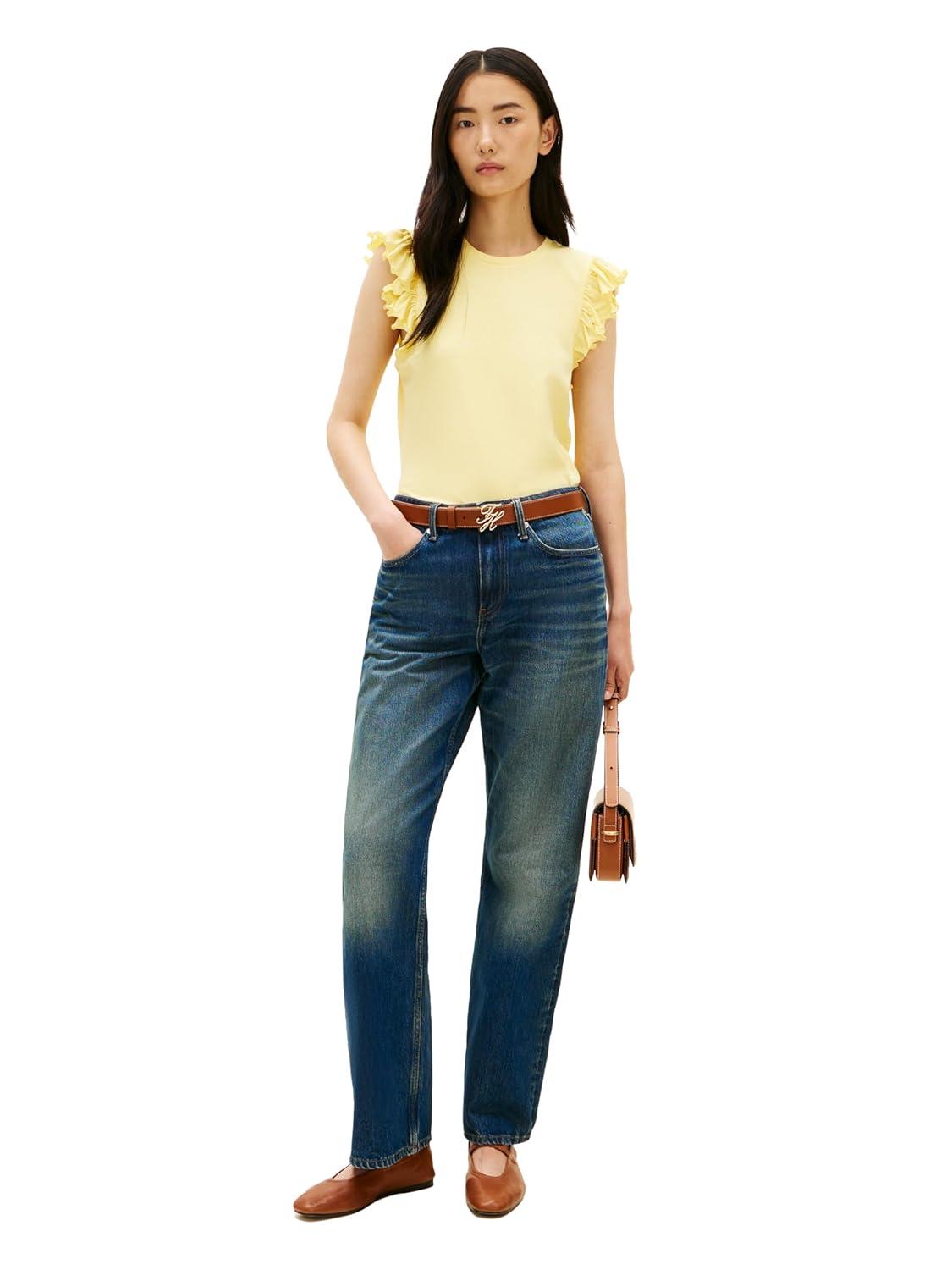 imageTommy Hilfiger Womens Sleeveless Cotton Crew Neck TShirts with Flutter SleeveCitronella