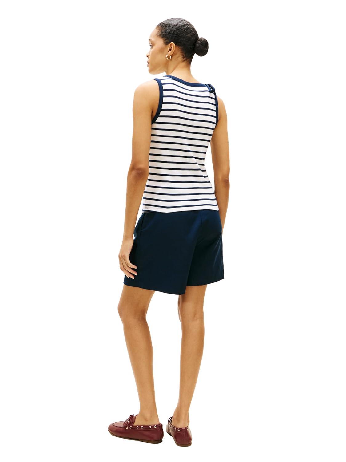 imageTommy Hilfiger Womens Sleeveless Cotton Crew Neck Tank Top with Bow DetailEcru Dark Night Navy Stripe