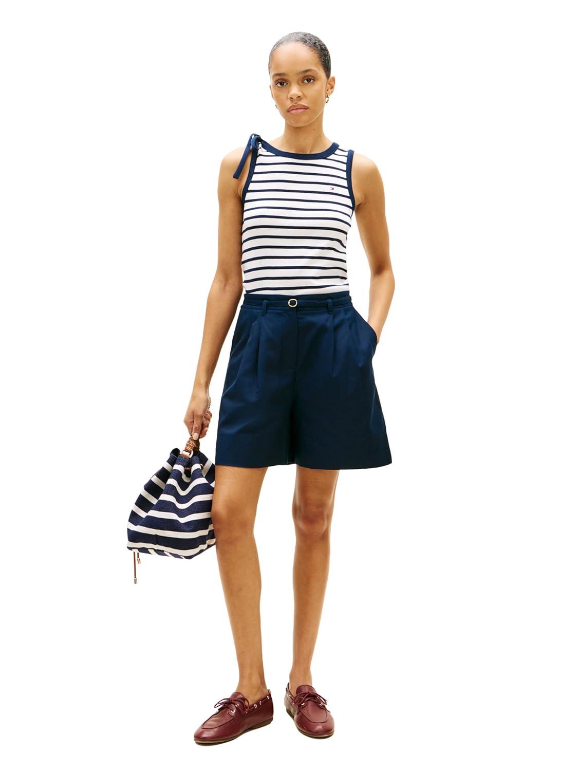 imageTommy Hilfiger Womens Sleeveless Cotton Crew Neck Tank Top with Bow DetailEcru Dark Night Navy Stripe