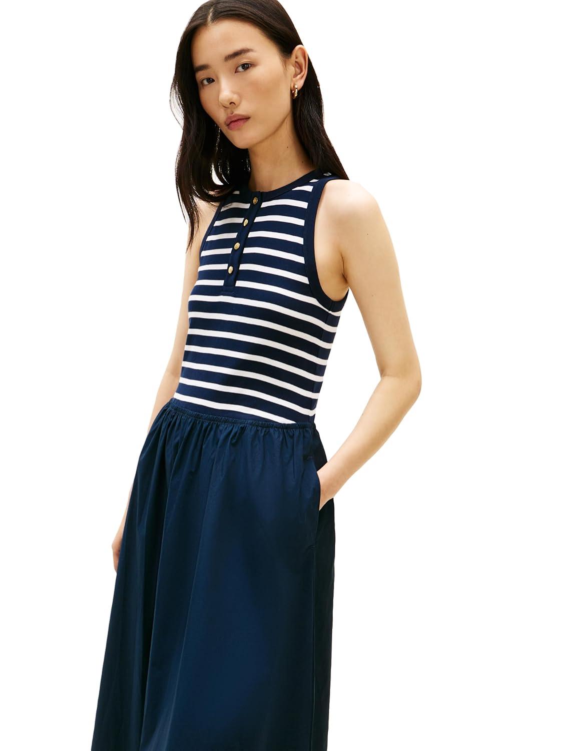 imageTommy Hilfiger Womens Sleeveless Cotton Midi Dress with Pockets and StretchBreton Stripe Dark Night Ecru