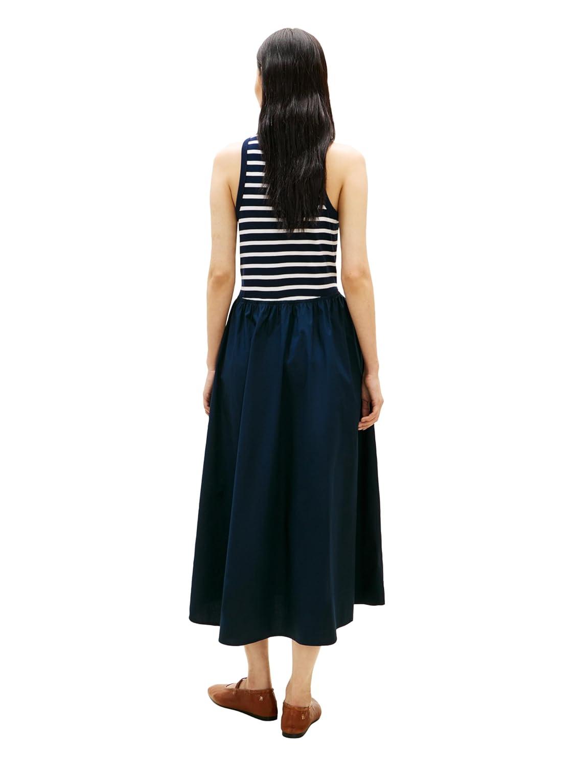 imageTommy Hilfiger Womens Sleeveless Cotton Midi Dress with Pockets and StretchBreton Stripe Dark Night Ecru