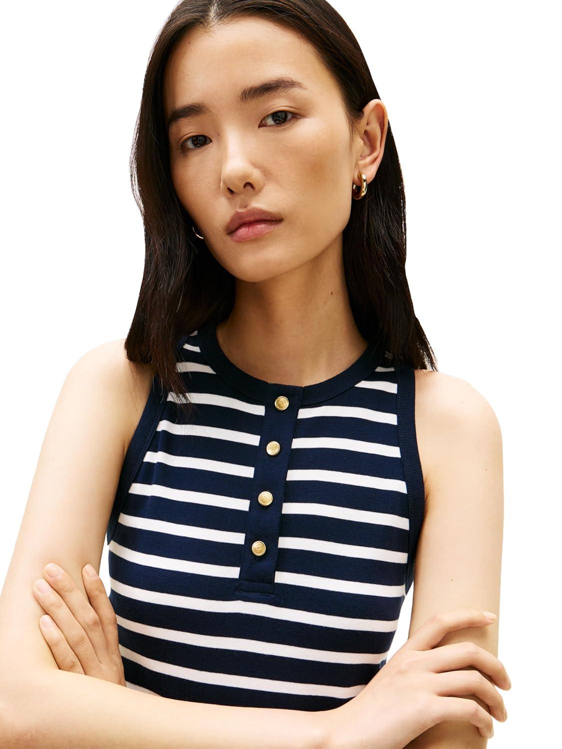 imageTommy Hilfiger Womens Sleeveless Cotton Midi Dress with Pockets and StretchBreton Stripe Dark Night Ecru