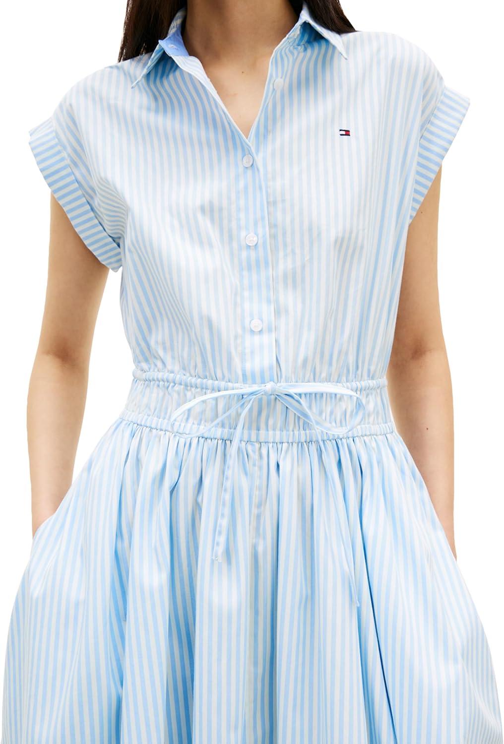 imageTommy Hilfiger Womens Sleeveless Cotton Striped Shirt Midi Dress with Elastic WaistBanker Stripe Vessel Blue White