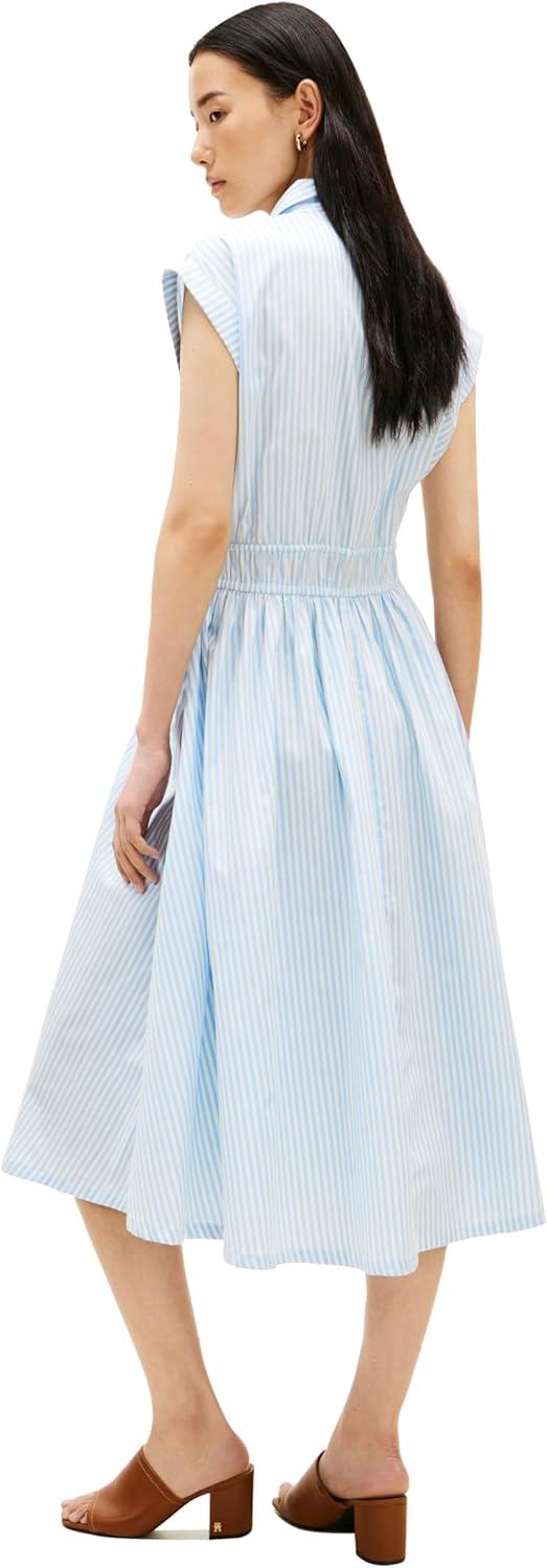 imageTommy Hilfiger Womens Sleeveless Cotton Striped Shirt Midi Dress with Elastic WaistBanker Stripe Vessel Blue White