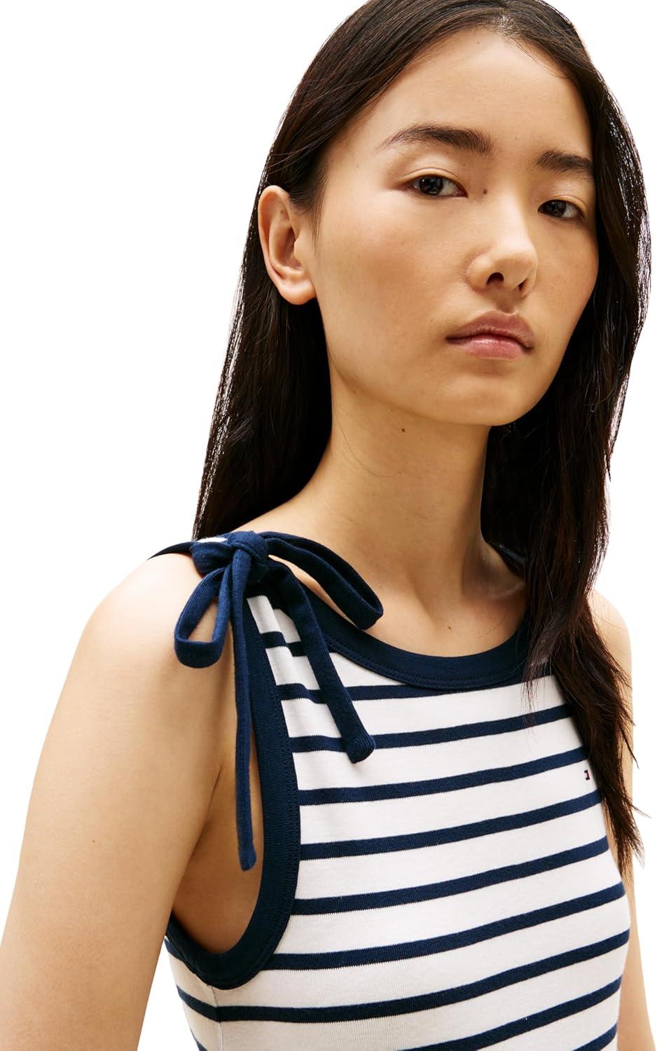imageTommy Hilfiger Womens Sleeveless Cotton TShirt Dress with Bow Detail Casual DressEcru Dark Night Navy Stripe