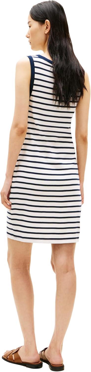 imageTommy Hilfiger Womens Sleeveless Cotton TShirt Dress with Bow Detail Casual DressEcru Dark Night Navy Stripe