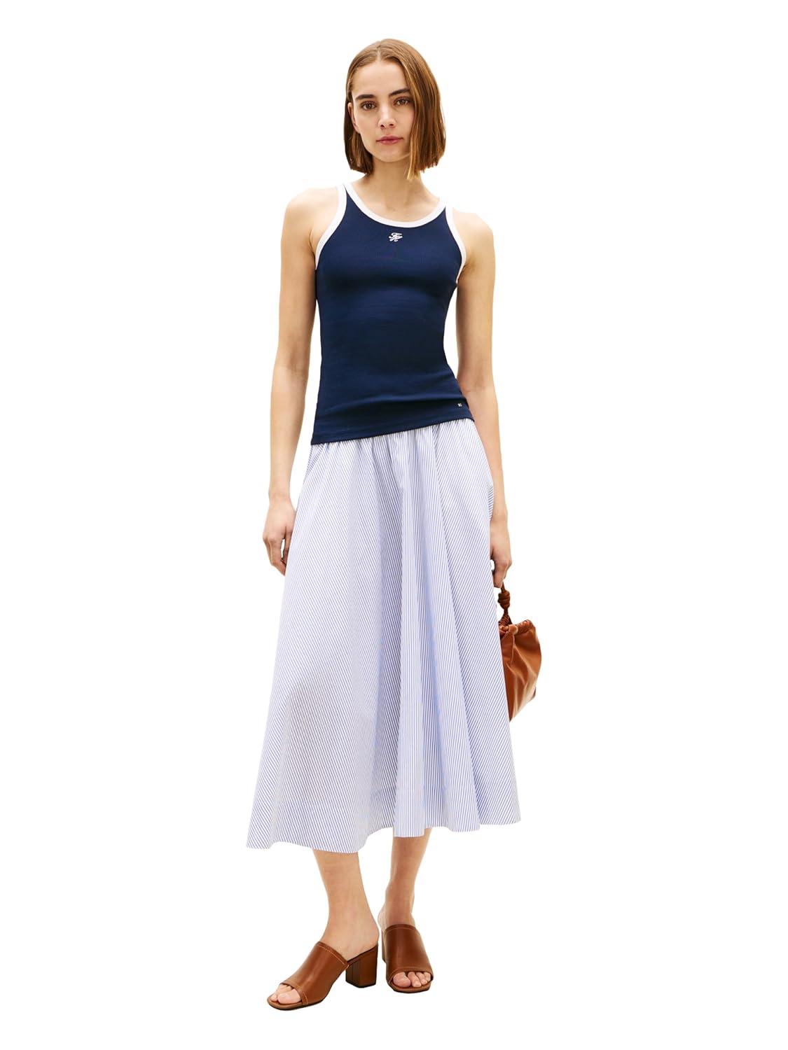 imageTommy Hilfiger Womens Striped Cotton Midi Skirt with Elastic WaistMisty Lazuli Blue Stripe