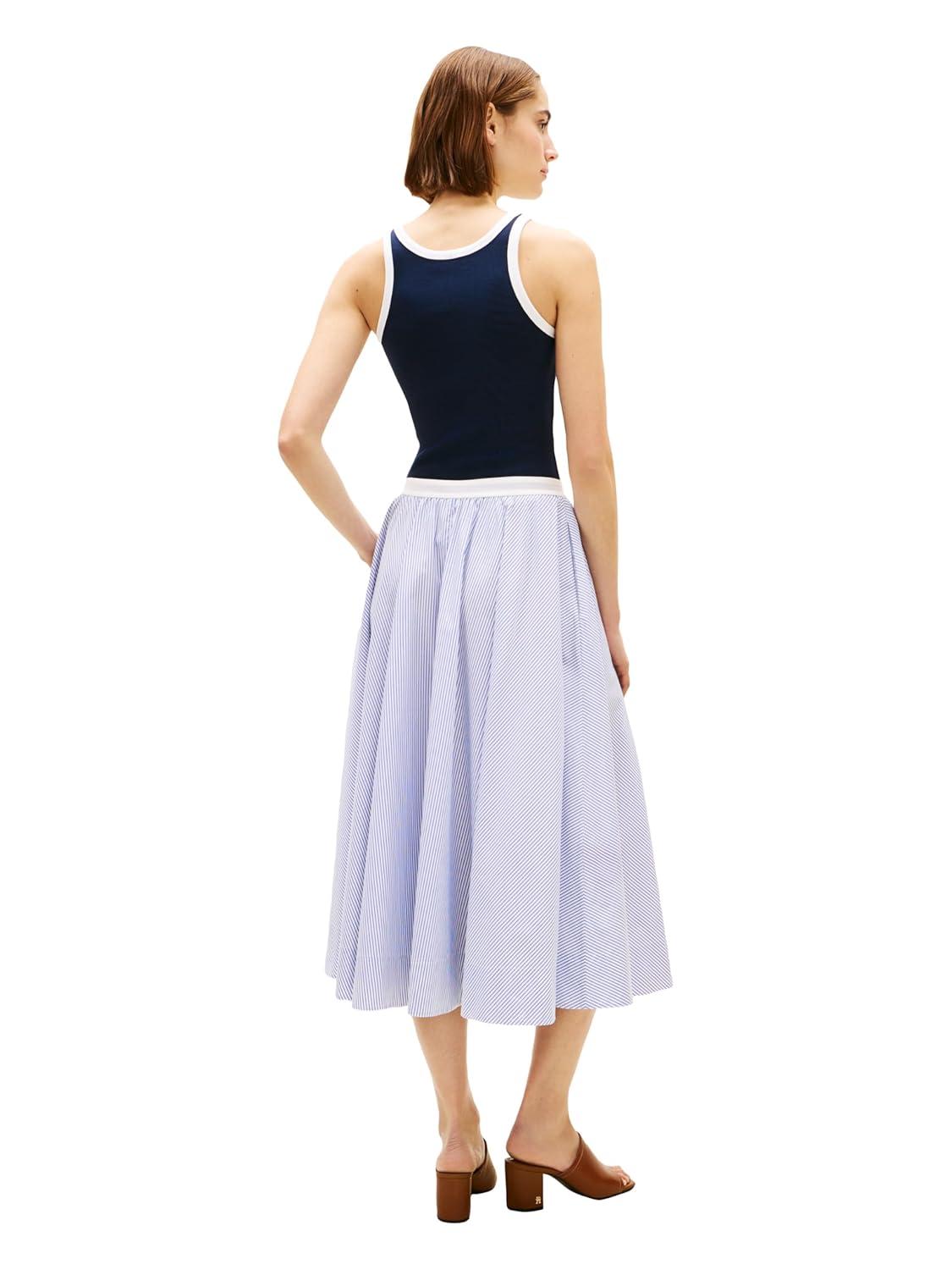 imageTommy Hilfiger Womens Striped Cotton Midi Skirt with Elastic WaistMisty Lazuli Blue Stripe