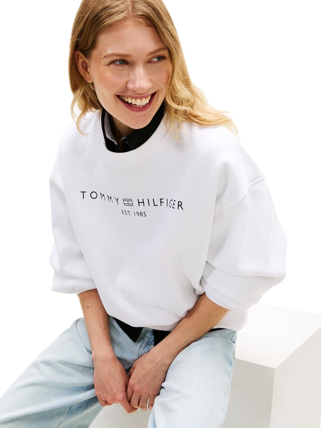 imageTommy Hilfiger womens Medium Weight Crew Neck Sweatshirt Pullover With LogoOptic White