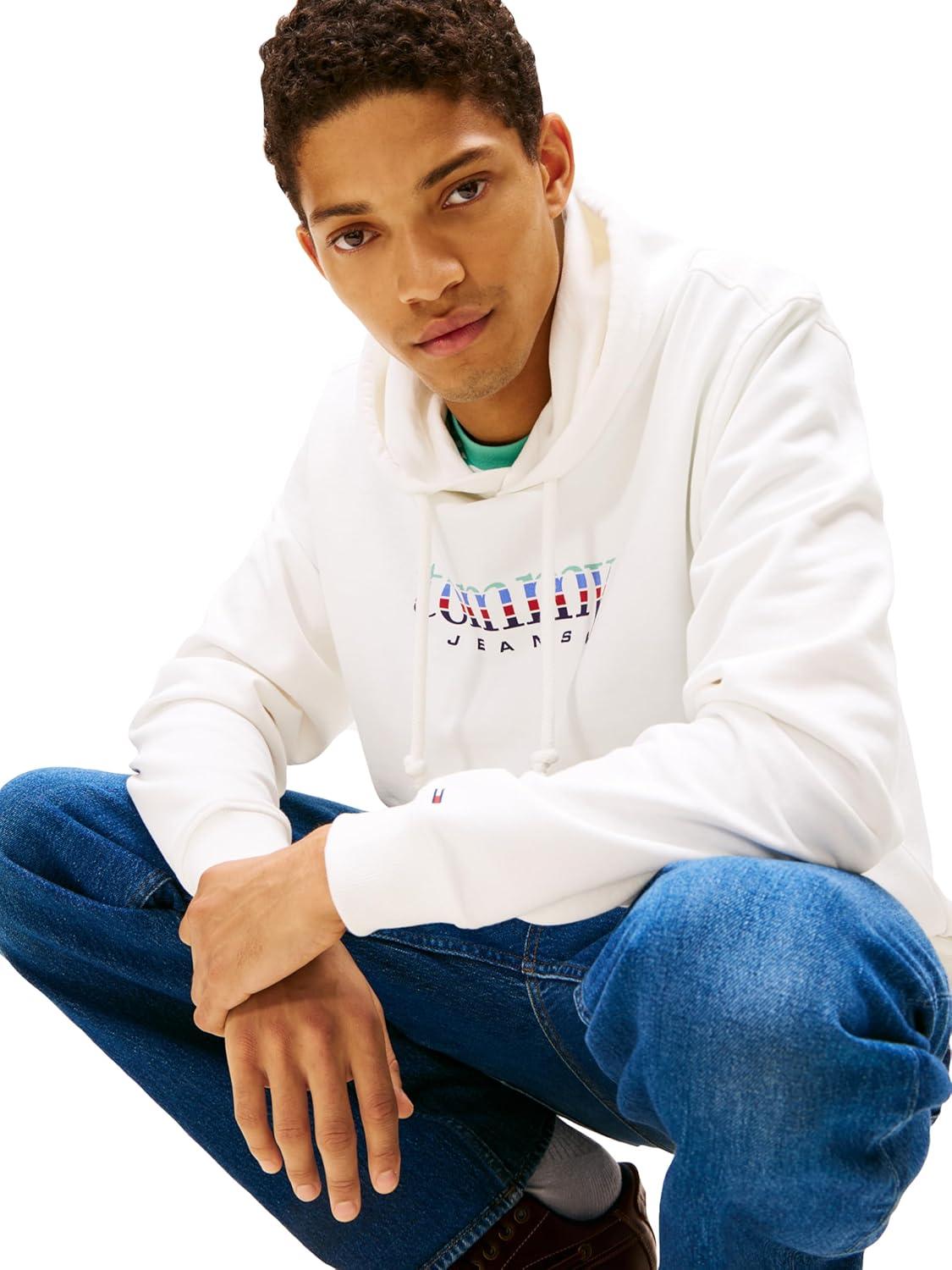 imageTommy Jeans Mens Medium Weight Hoodie Sweatshirt With Signature Printed Archival GraphicEcru