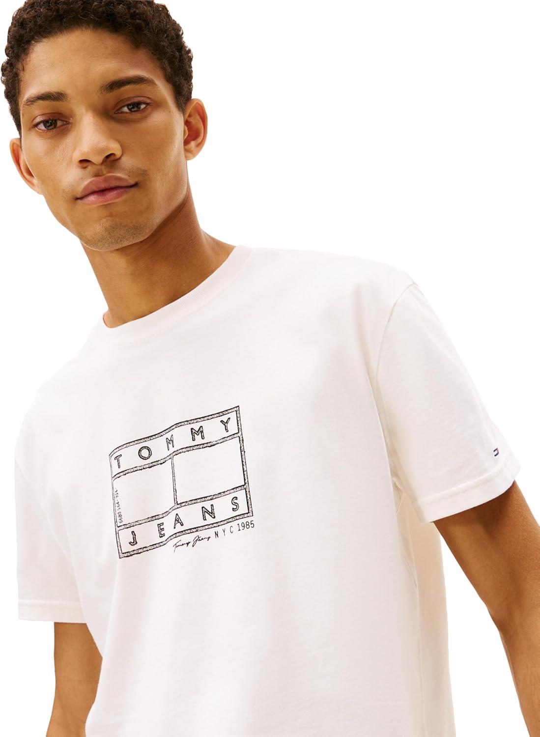 imageTommy Jeans Mens Short Sleeve Cotton Graphic TShirts with Printed Distressed Flag LogoAncient White