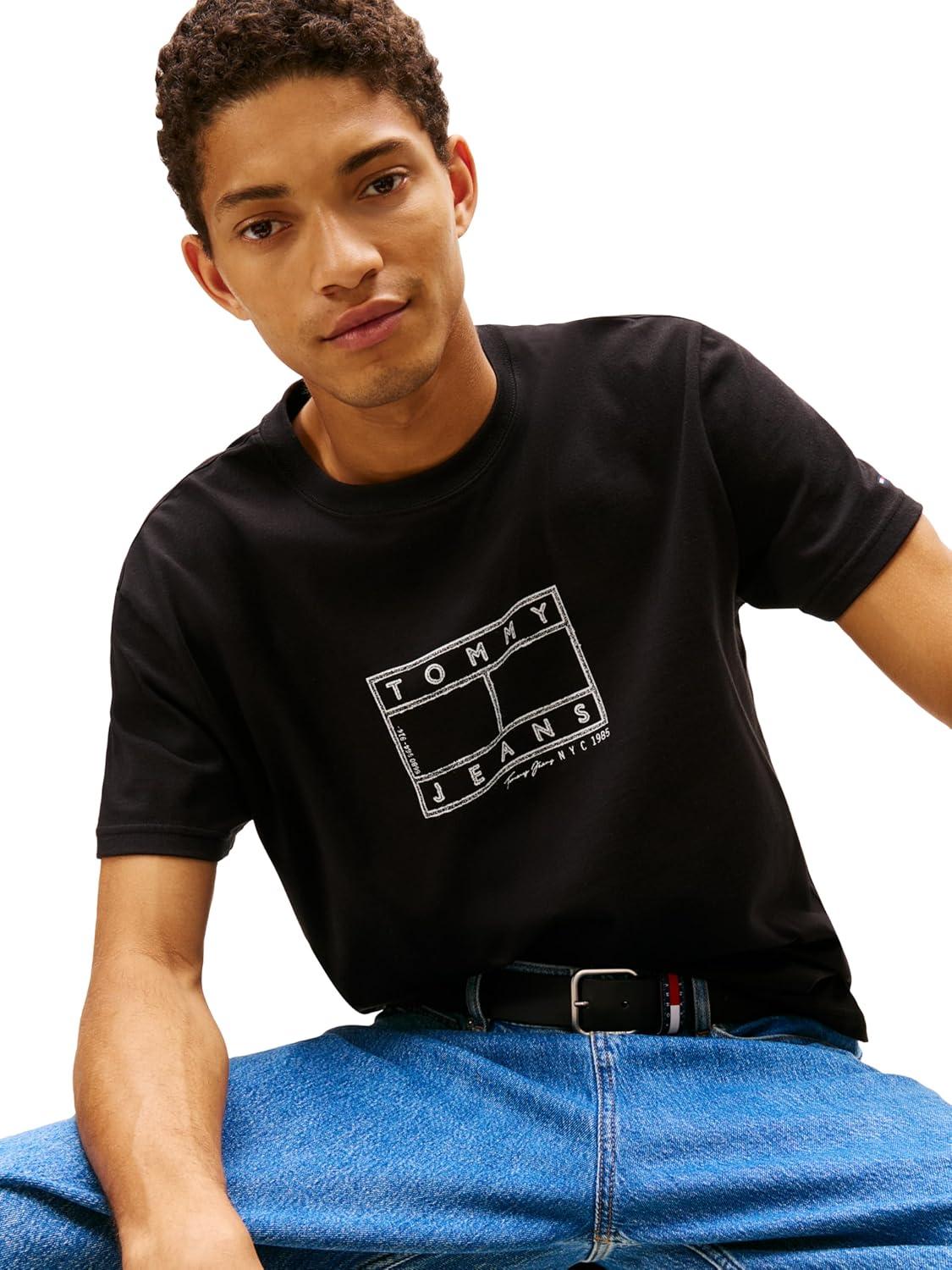imageTommy Jeans Mens Short Sleeve Cotton Graphic TShirts with Printed Distressed Flag LogoBlack