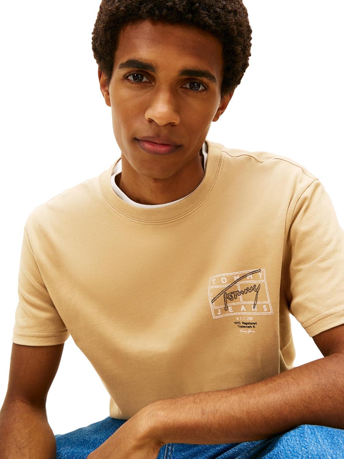 imageTommy Jeans Mens Short Sleeve Cotton Graphic TShirts with Printed Sprayed Back GraphicDark Dune
