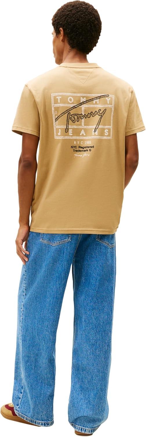 imageTommy Jeans Mens Short Sleeve Cotton Graphic TShirts with Printed Sprayed Back GraphicDark Dune