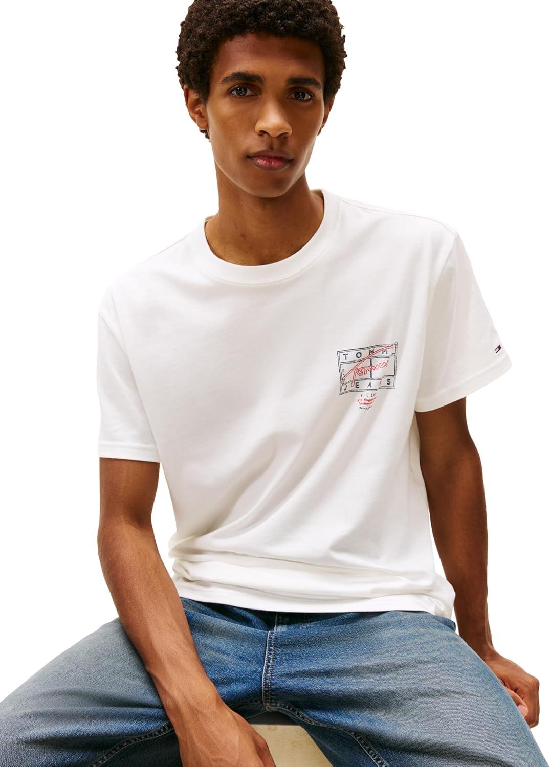 imageTommy Jeans Mens Short Sleeve Cotton Graphic TShirts with Printed Sprayed Back GraphicEcru