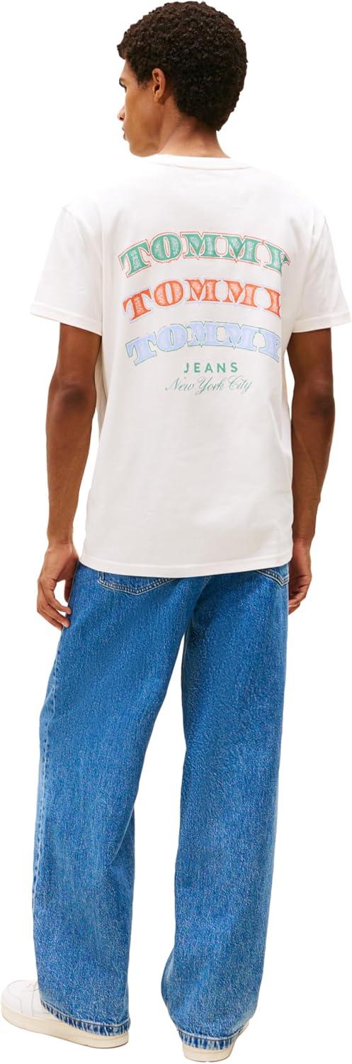 imageTommy Jeans Mens Short Sleeve Cotton Graphic TShirts with Printed Stacked Back GraphicAncient White