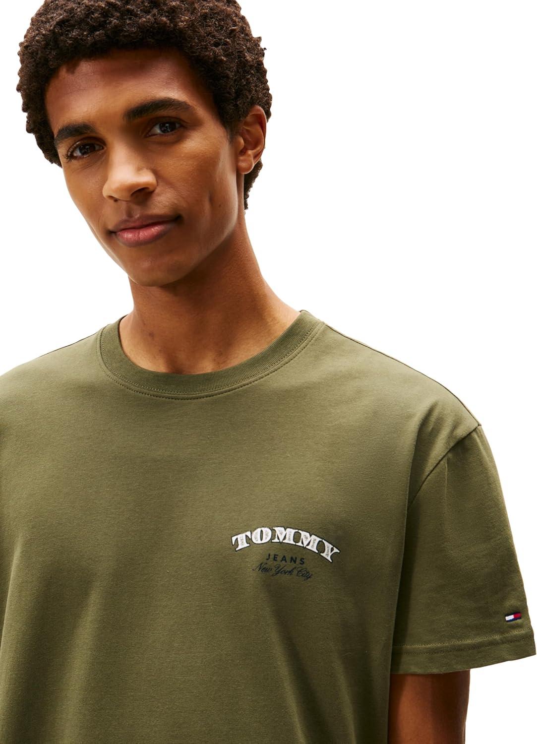 imageTommy Jeans Mens Short Sleeve Cotton Graphic TShirts with Printed Stacked Back GraphicDark Greenery