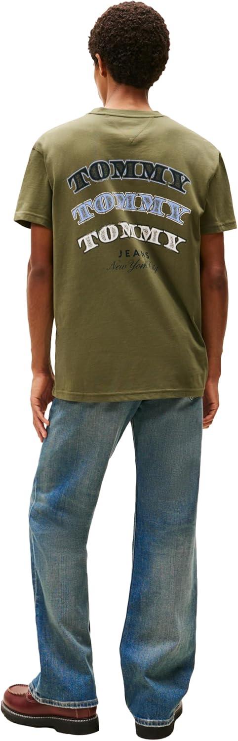 imageTommy Jeans Mens Short Sleeve Cotton Graphic TShirts with Printed Stacked Back GraphicDark Greenery