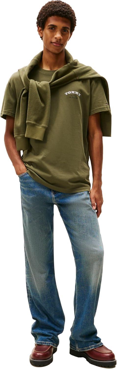 imageTommy Jeans Mens Short Sleeve Cotton Graphic TShirts with Printed Stacked Back GraphicDark Greenery