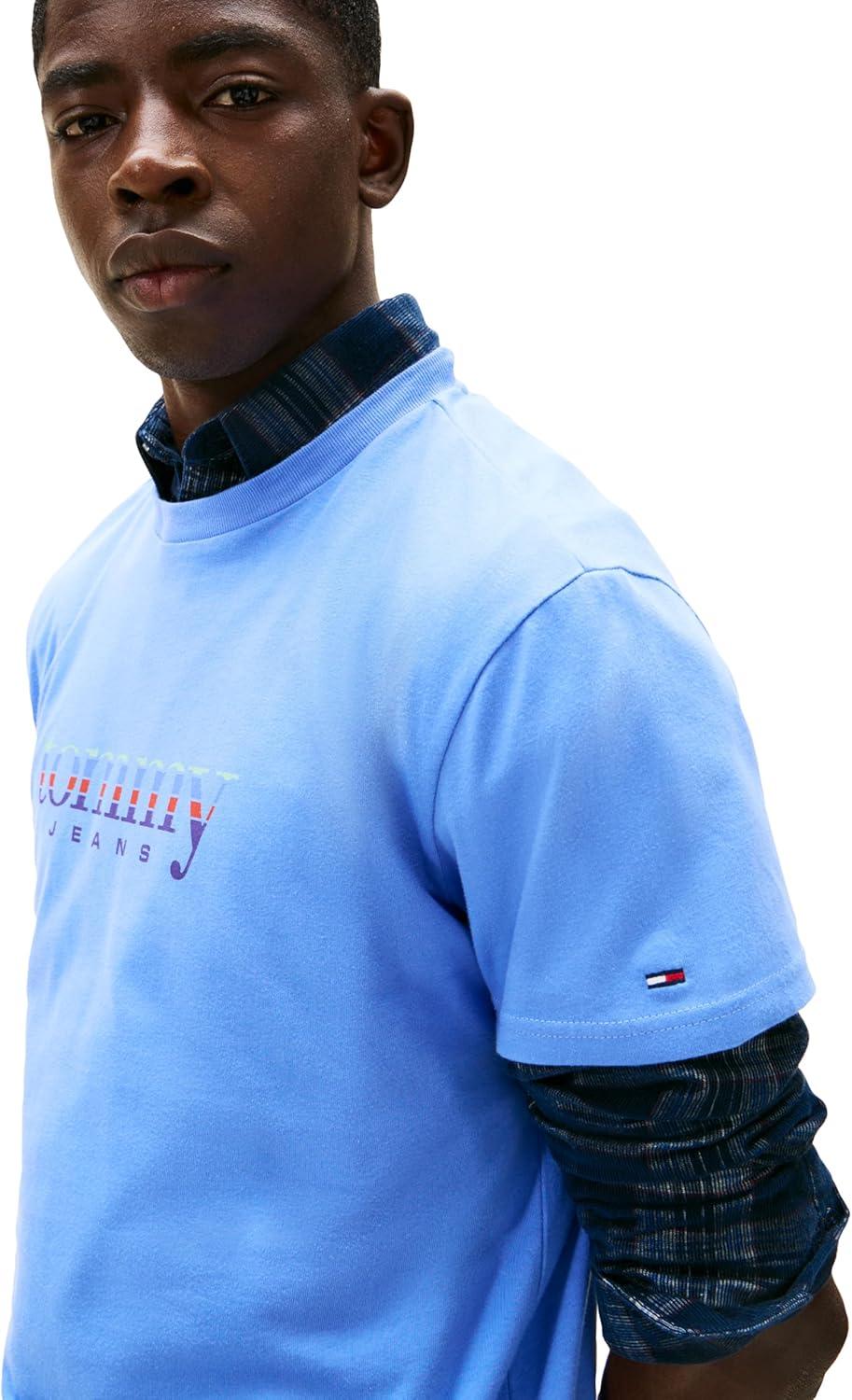 imageTommy Jeans Mens Short Sleeve Cotton Graphic TShirts with Signature Printed Archival GraphicLight Horizon Blue