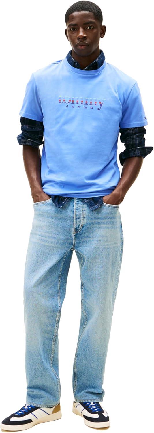 imageTommy Jeans Mens Short Sleeve Cotton Graphic TShirts with Signature Printed Archival GraphicLight Horizon Blue