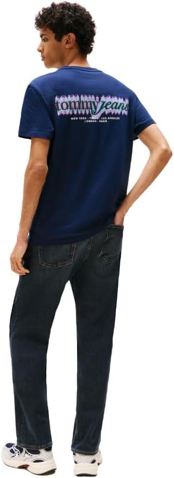 imageTommy Jeans Mens Short Sleeve Cotton TShirts with Blurred Printed Back GraphicDark Night Navy