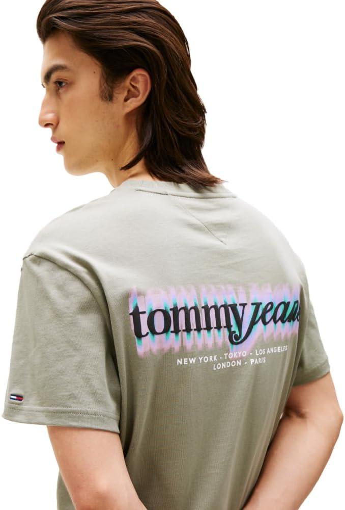 imageTommy Jeans Mens Short Sleeve Cotton TShirts with Blurred Printed Back GraphicUtility Sage
