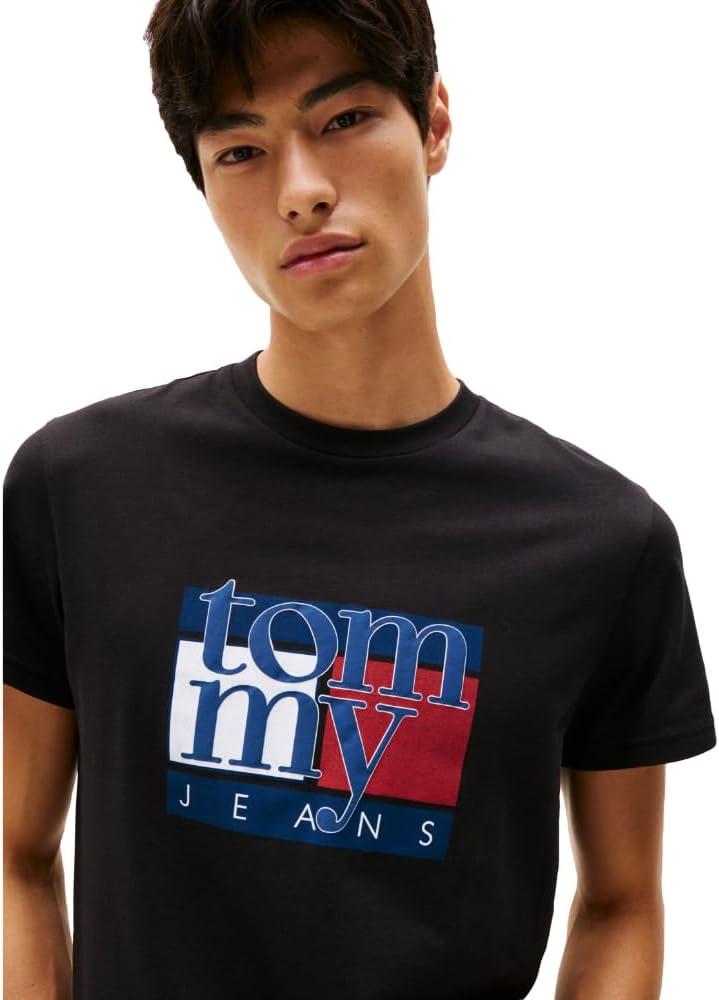 imageTommy Jeans Mens Short Sleeve Cotton TShirts with Flag and Logo GraphicBlack