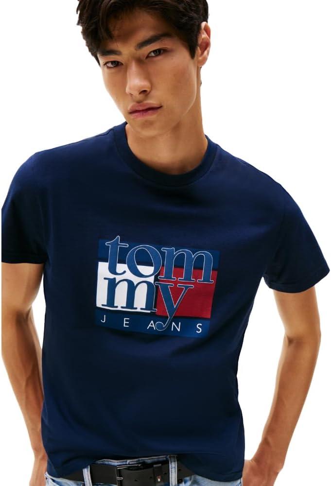 imageTommy Jeans Mens Short Sleeve Cotton TShirts with Flag and Logo GraphicDark Night Navy