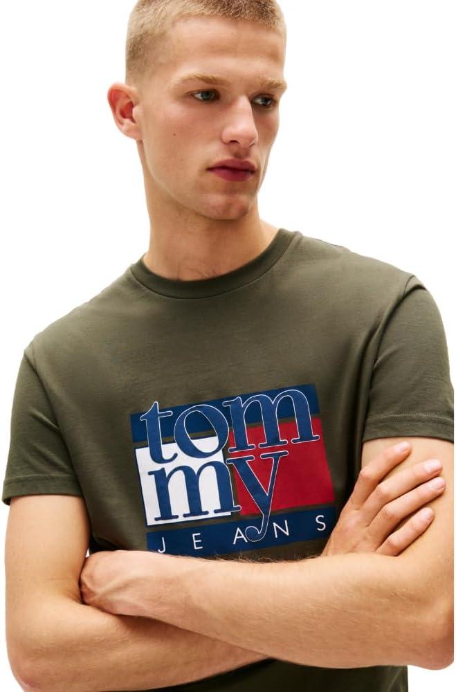 imageTommy Jeans Mens Short Sleeve Cotton TShirts with Flag and Logo GraphicPewter Green