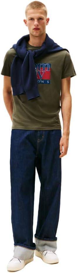 imageTommy Jeans Mens Short Sleeve Cotton TShirts with Flag and Logo GraphicPewter Green
