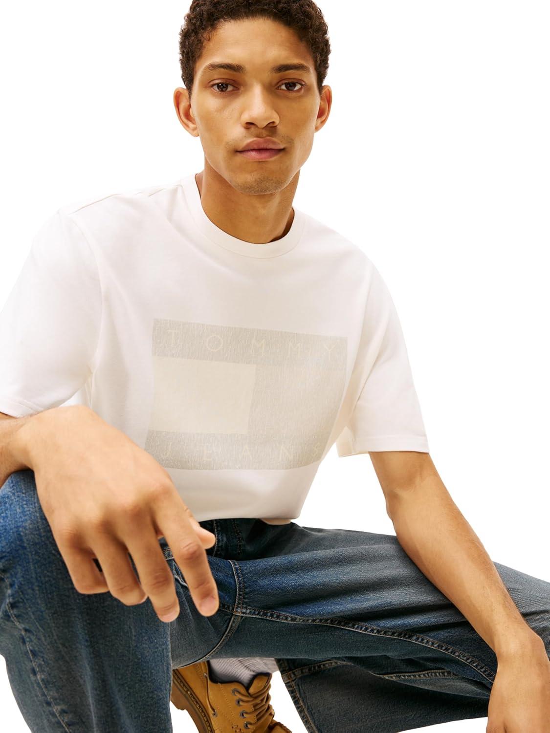 imageTommy Jeans Mens Short Sleeve Solid Cotton Graphic TShirts with Distressed Flag LogoAncient White