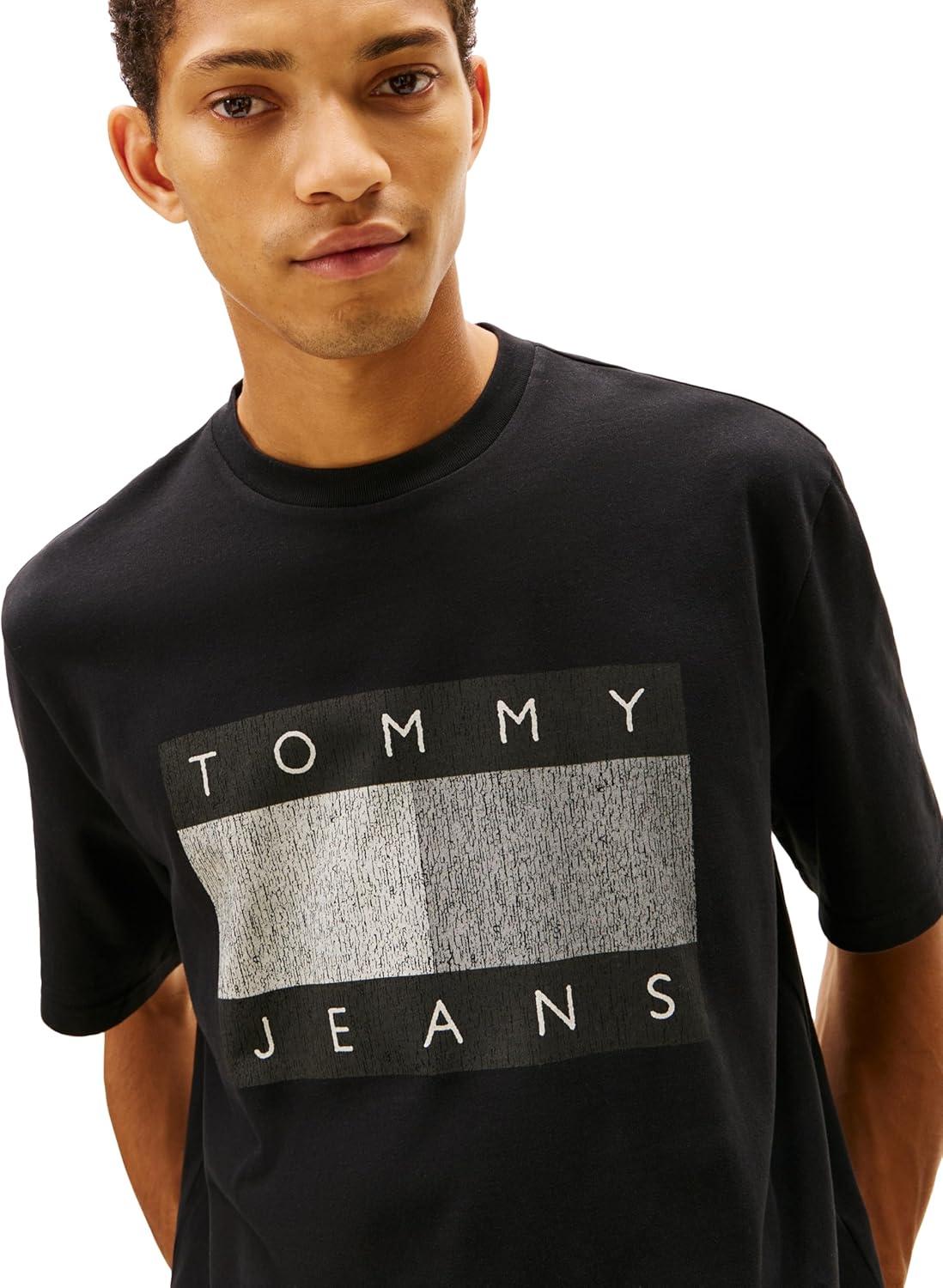 imageTommy Jeans Mens Short Sleeve Solid Cotton Graphic TShirts with Distressed Flag LogoBlack