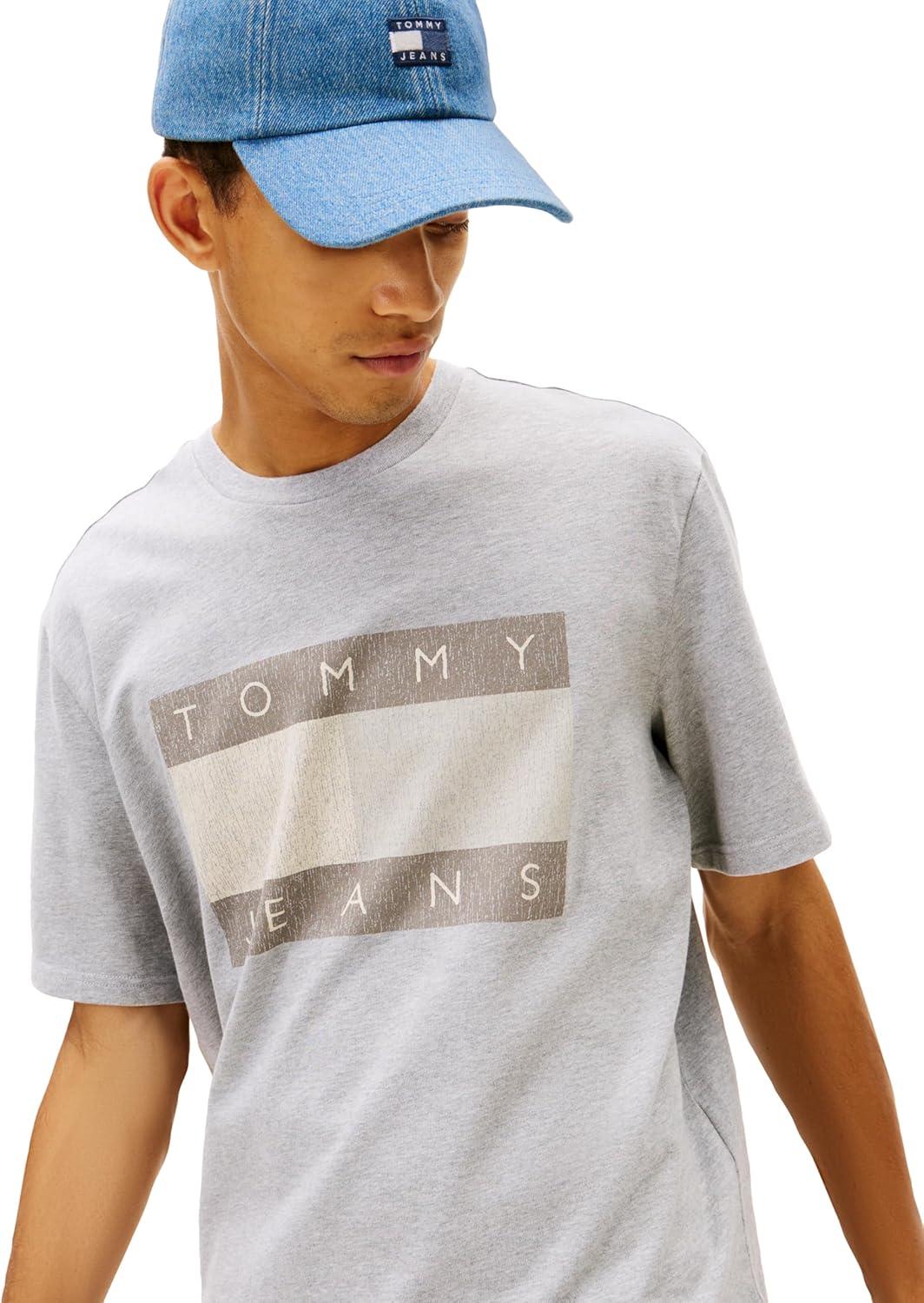 imageTommy Jeans Mens Short Sleeve Solid Cotton Graphic TShirts with Distressed Flag LogoMid Grey Heather