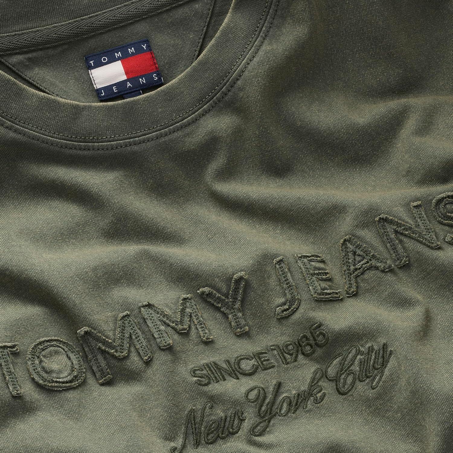 imageTommy Jeans Mens Short Sleeve Solid Cotton Graphic TShirts with Tonal Embroidered LogoDark Greenery