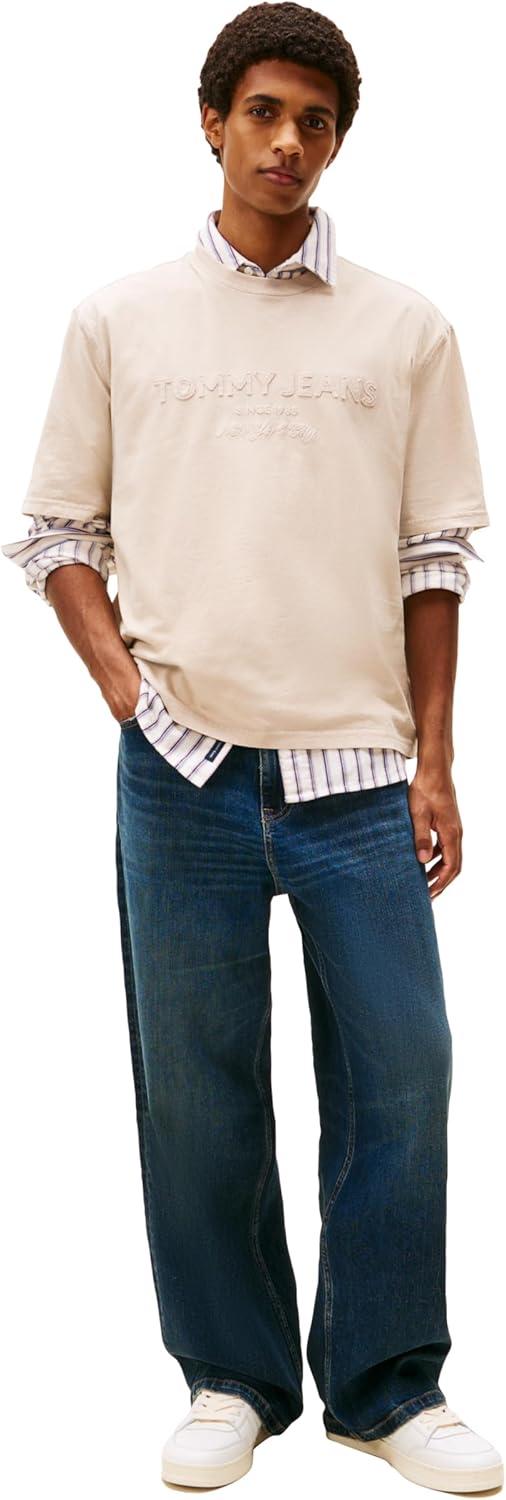 imageTommy Jeans Mens Short Sleeve Solid Cotton Graphic TShirts with Tonal Embroidered LogoGulf Sand
