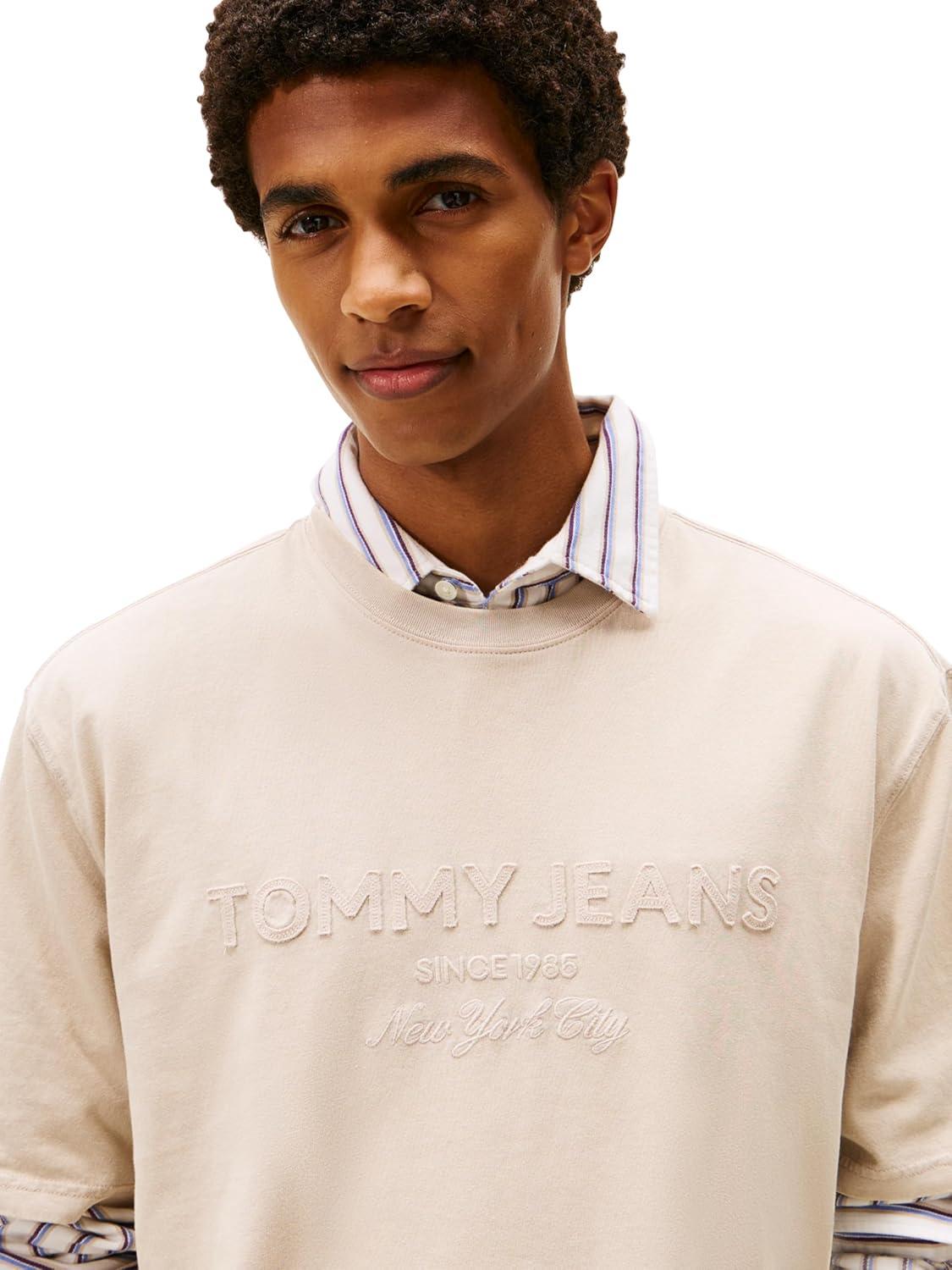 imageTommy Jeans Mens Short Sleeve Solid Cotton Graphic TShirts with Tonal Embroidered LogoGulf Sand