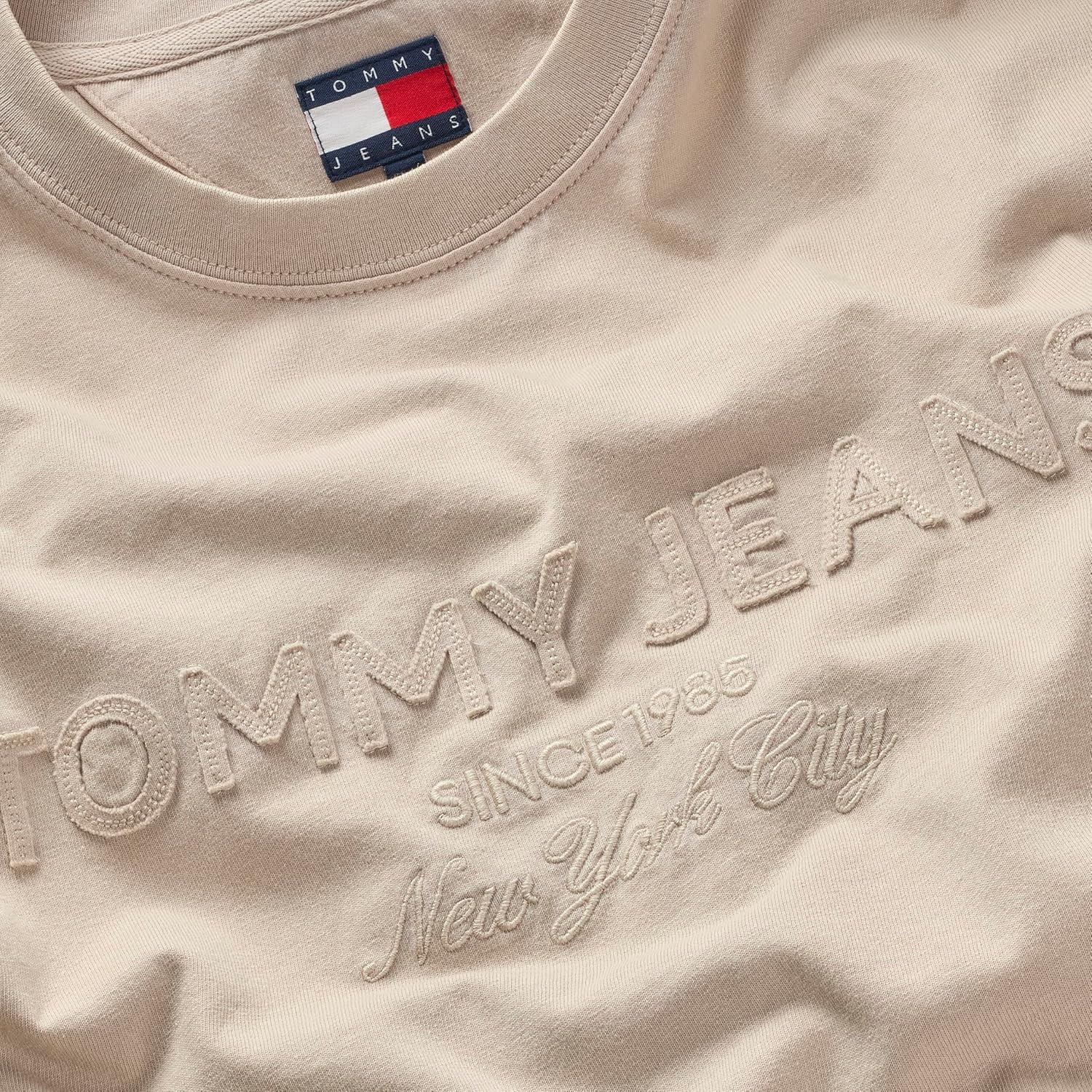 imageTommy Jeans Mens Short Sleeve Solid Cotton Graphic TShirts with Tonal Embroidered LogoGulf Sand