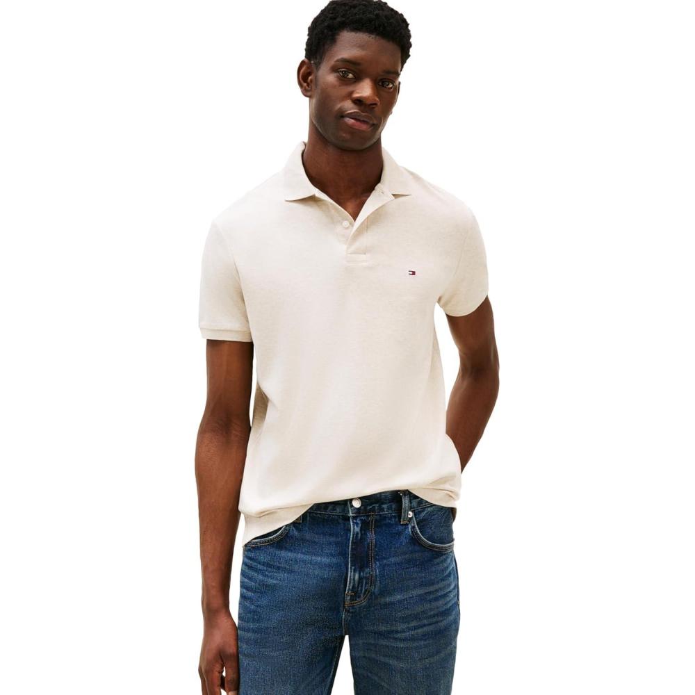 imageTommy Hilfiger Mens Short Sleeve Casual Polo Shirts in Regular Fit with Liquid CottonHeathered Oatmilk
