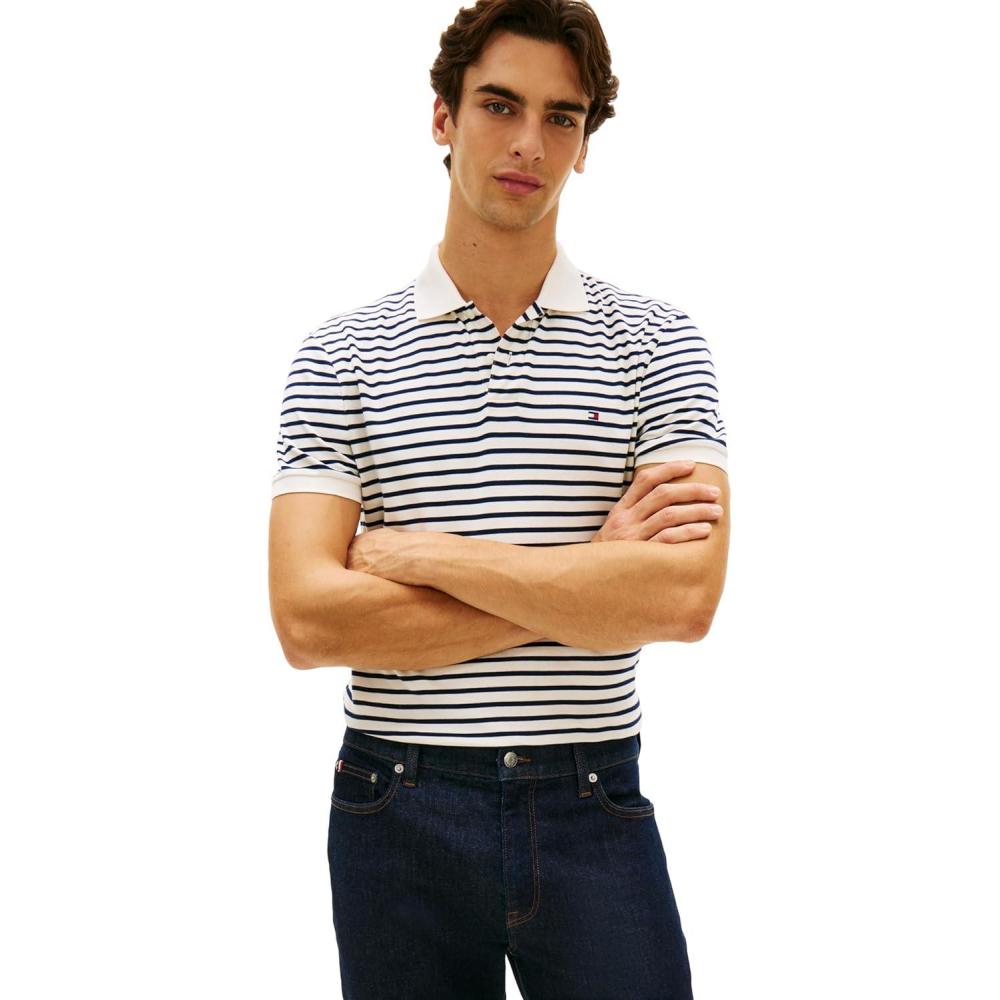 imageTommy Hilfiger Mens Short Sleeve Casual Polo Shirts in Regular Fit with Liquid CottonIvory Petal Carbon Navy