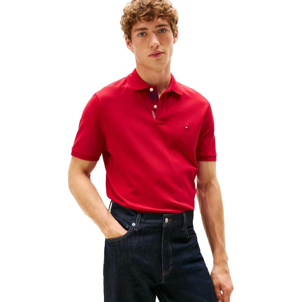 imageTommy Hilfiger Mens Short Sleeve Casual Polo Shirts in Regular Fit with Stretch and Hidden Placket DesignMedium Red