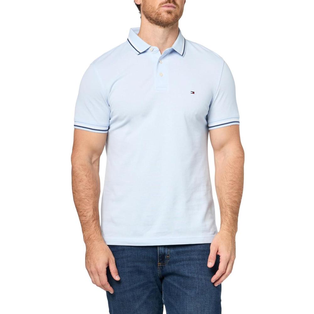 imageTommy Hilfiger Mens Short Sleeve Casual Polo Shirts in Slim Fit with Stretch and Cuff DesignsBreezy Blue