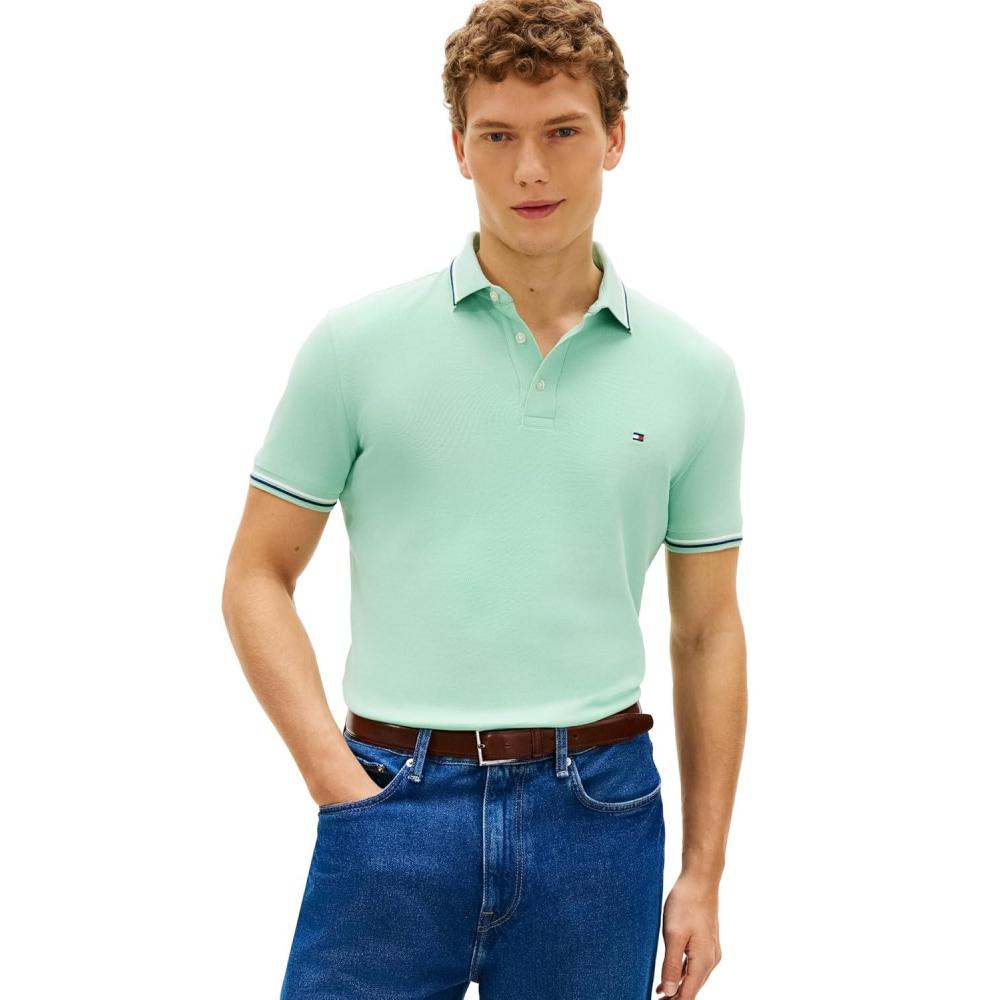 imageTommy Hilfiger Mens Short Sleeve Casual Polo Shirts in Slim Fit with Stretch and Cuff DesignsCrushed Mint