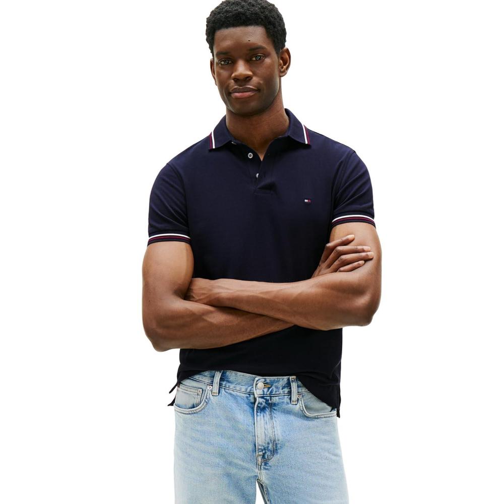 imageTommy Hilfiger Mens Short Sleeve Casual Polo Shirts in Slim Fit with Stretch and Cuff DesignsDesert Sky