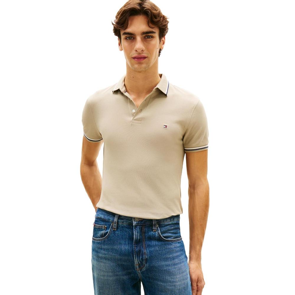 imageTommy Hilfiger Mens Short Sleeve Casual Polo Shirts in Slim Fit with Stretch and Cuff DesignsKeystone