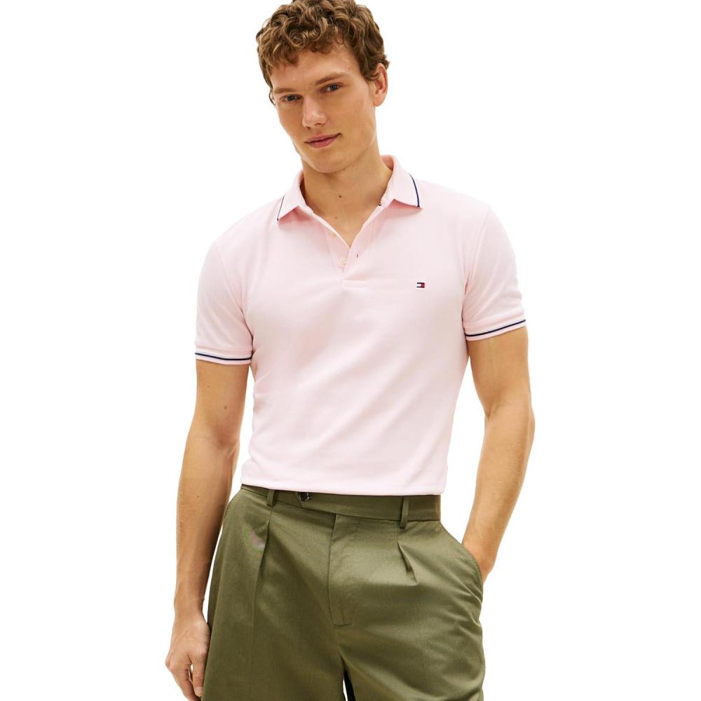 imageTommy Hilfiger Mens Short Sleeve Casual Polo Shirts in Slim Fit with Stretch and Cuff DesignsPink Lily