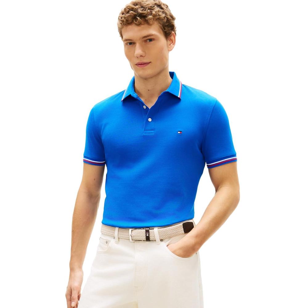 imageTommy Hilfiger Mens Short Sleeve Casual Polo Shirts in Slim Fit with Stretch and Cuff DesignsRegal Blue