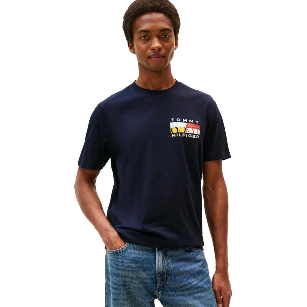 imageTommy Hilfiger Mens Short Sleeve Cotton Graphic TShirts with Printed Color Flag LogoDesert Sky